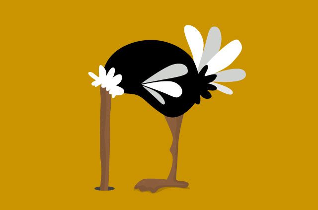 An illustration of an ostrich burying its little head in the sand.