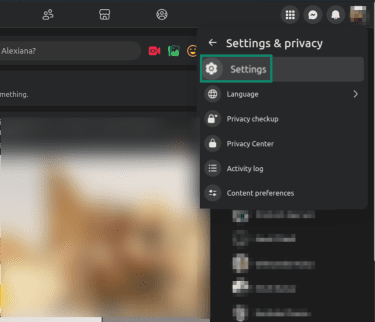 "Settings" option highlighted in the Facebook menu.
