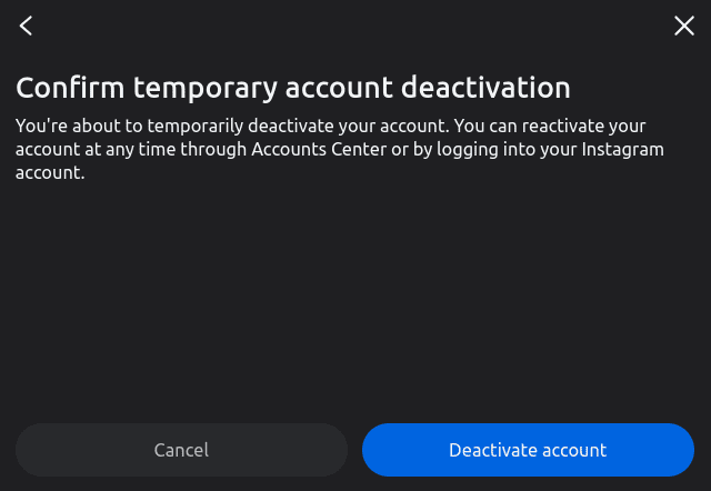 Instagram account deactivation confirmation screen.