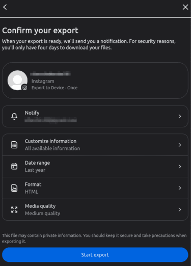 Instagram export screen showing customization options, and the "Start export" option highlighted at the bottom.