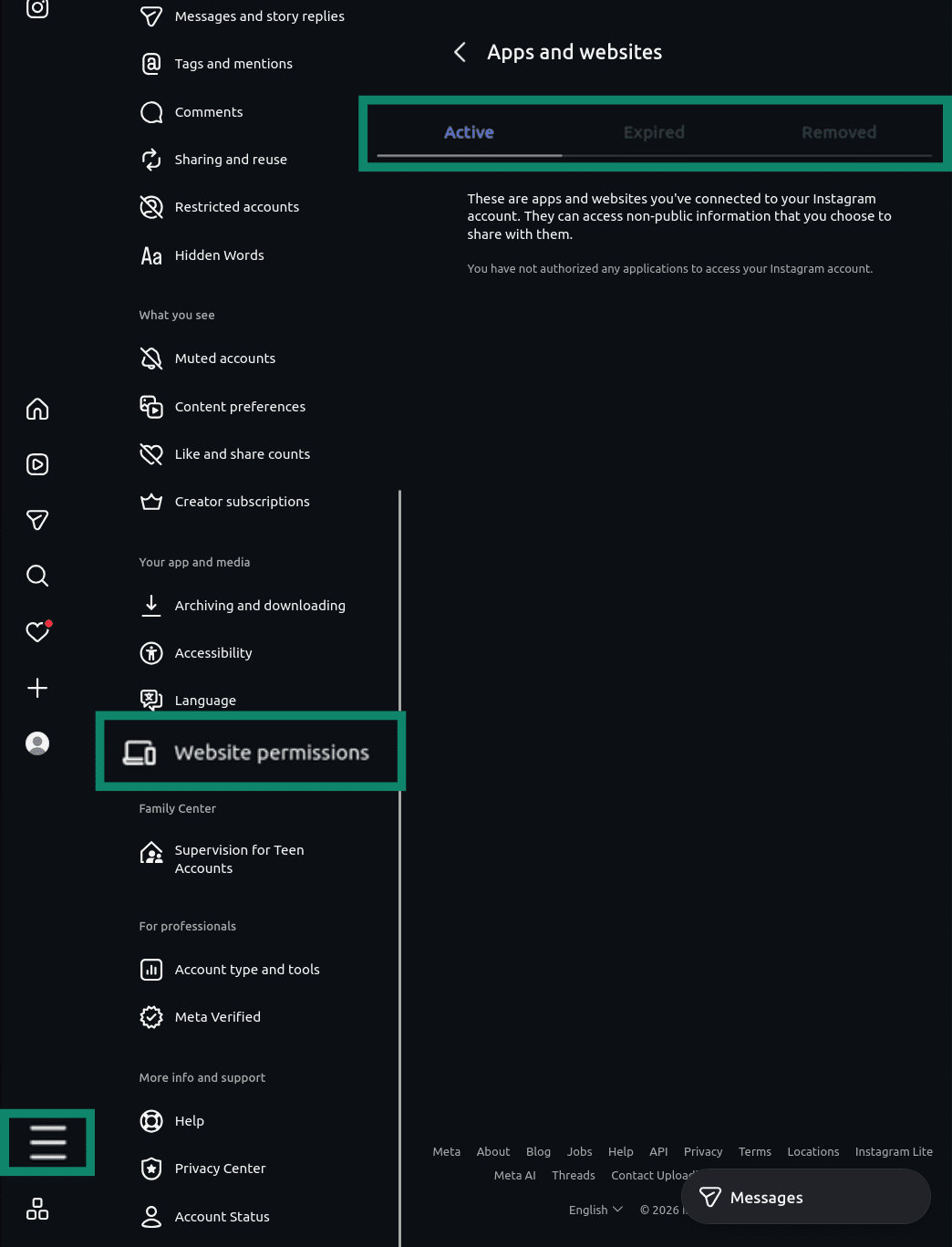 "Website permissions" and "App and websites" menu highlighted on Instagram.