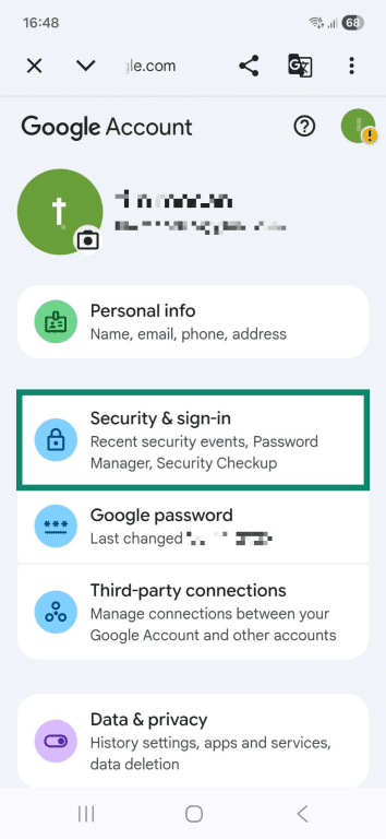 The "Google Account" page on an Android phone. The "Security & sign-in" tab is highlighted.