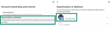 List of connected Meta accounts under Facebook's Deactivation or deletion menu.