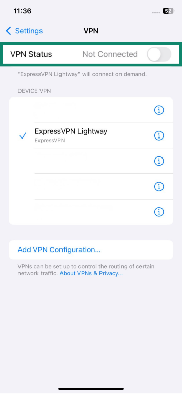 iOS VPN menu with VPN Status toggle in the Not Connected position