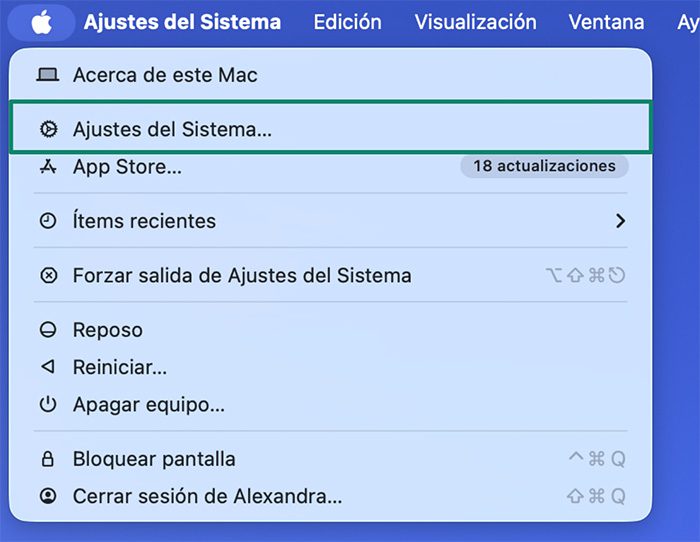 Mac's "System Settings" button highlighted in the menu.