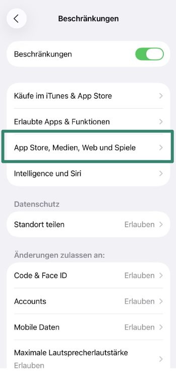 App Store, Media, Web & Games restrictions menu on iPhone.