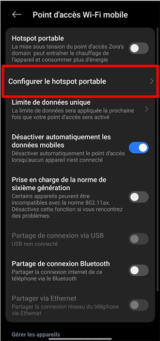 Android Portable hotspot settings screen with Set up portable hotspot option highlighted.