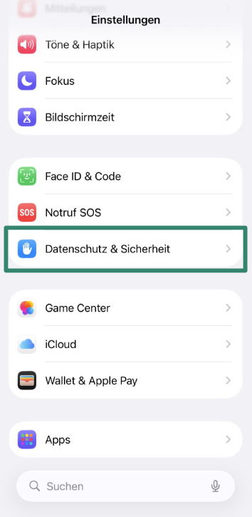 iPhone Settings screen with Privacy & Security highlighted.