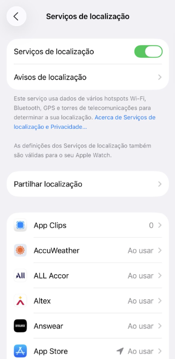 Location Services settings with app-level permissions on iPhone.
