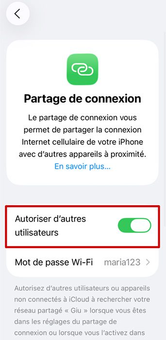 iPhone Personal Hotspot settings screen with Allow Others to Join toggle enabled.