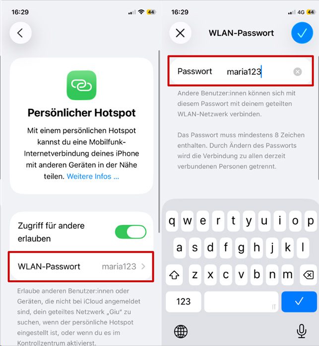 iPhone Personal Hotspot settings with Wi-Fi Password option highlighted and password input screen open.