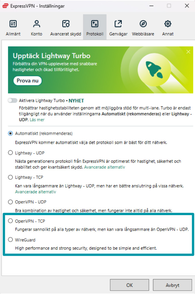 Choosing OpenVPN protocol for ExpressVPN on Windows.