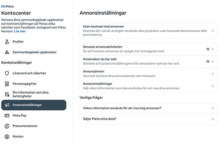Facebook Ad preferences settings.