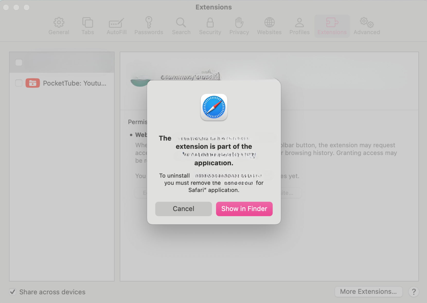Pop-up showing Finder option in Safari extension removal process.