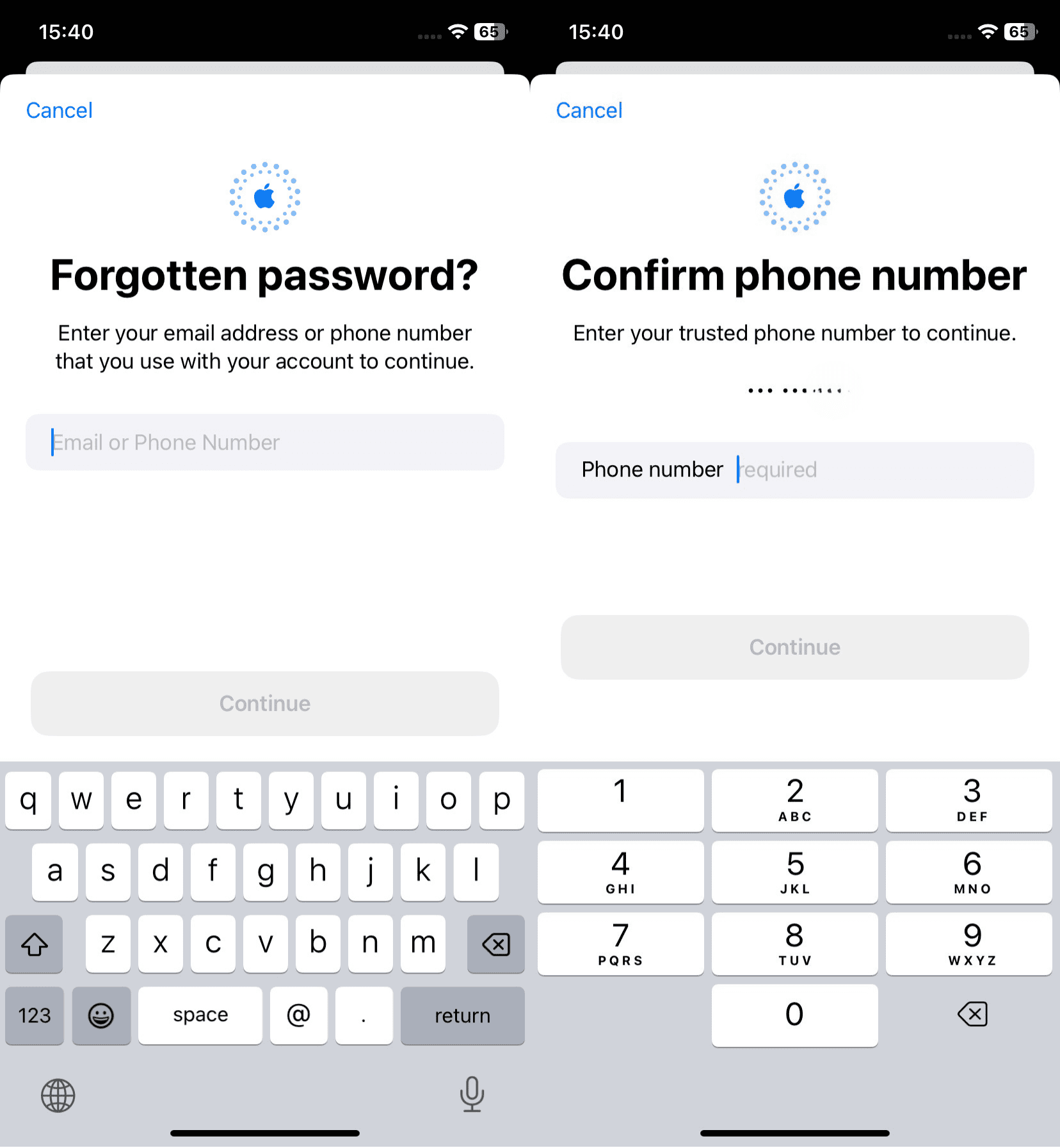 Two side-by-side screenshots showing the Forgotten password screen on iOS (left) and the option to Confirm your phone number (right)