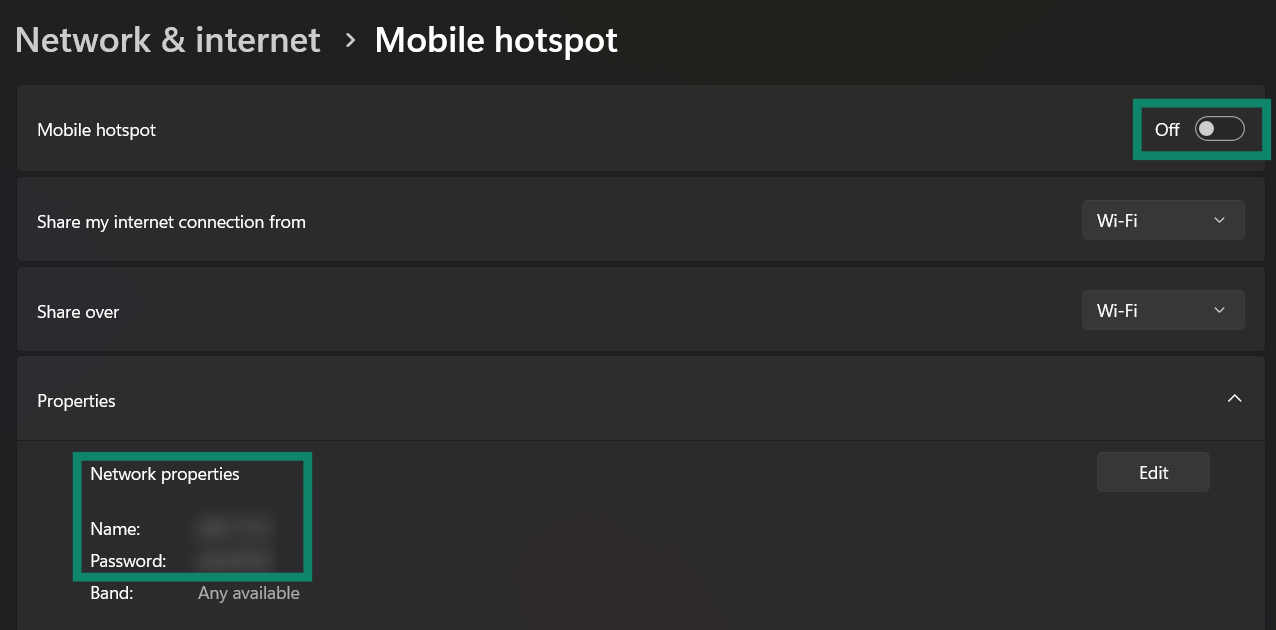 Enabling the Mobile hotspot on Windows.