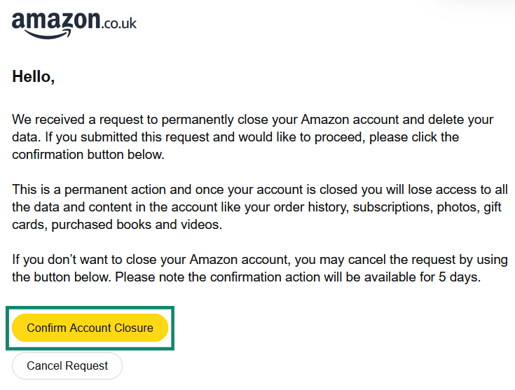 Amazon account deletion confirmation email received on desktop.