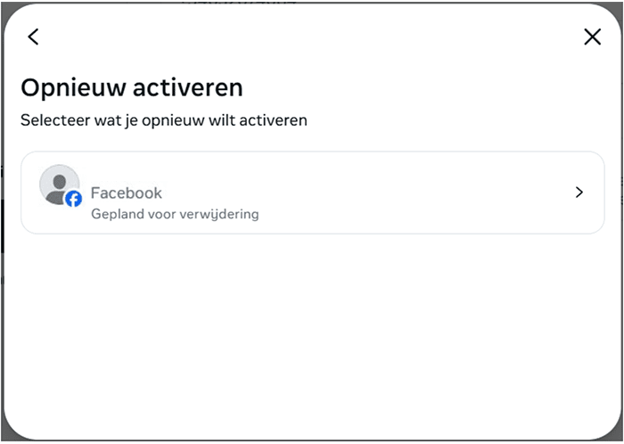 Facebook screen for selecting an additional profile to reactivate.