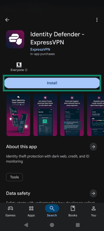 Screenshot of the Identity Defender app listing in a mobile app store, highlighting the Install button.