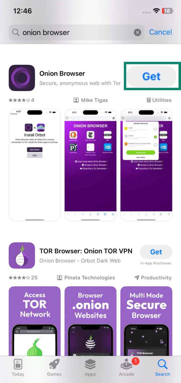 The Onion Browser app in the iOS App Store.