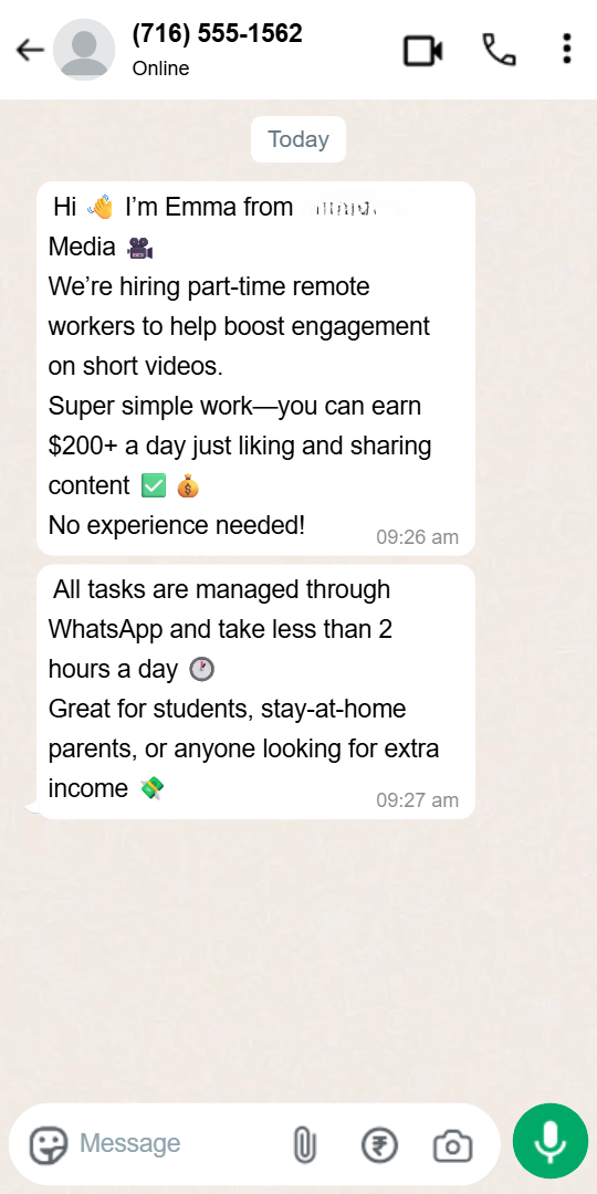 A WhatsApp message promoting a common job scam, offering a remote role with high pay for simple tasks like liking and sharing videos.