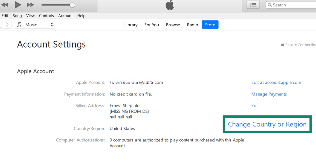 iTunes interface with the "Change Country or Region" option highlighted.