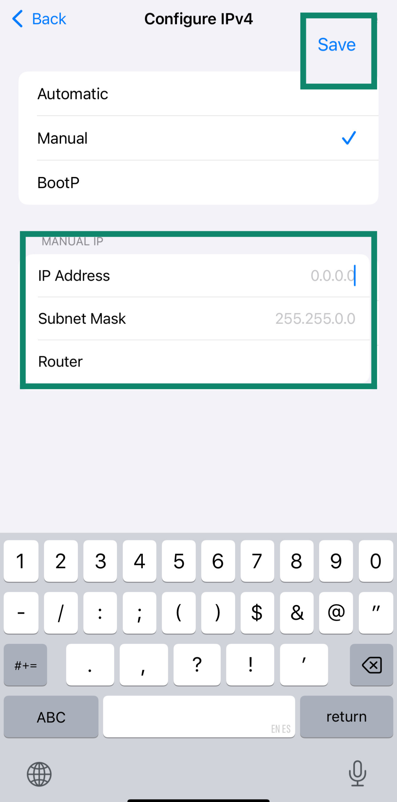 Manual IPv4 setup on iPhone showing IP, subnet, and router.