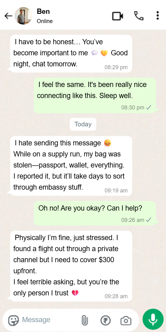 A WhatsApp scam example where a contact claims they sent a verification code by accident, asking, “Can you please send it to me quickly before it expires?