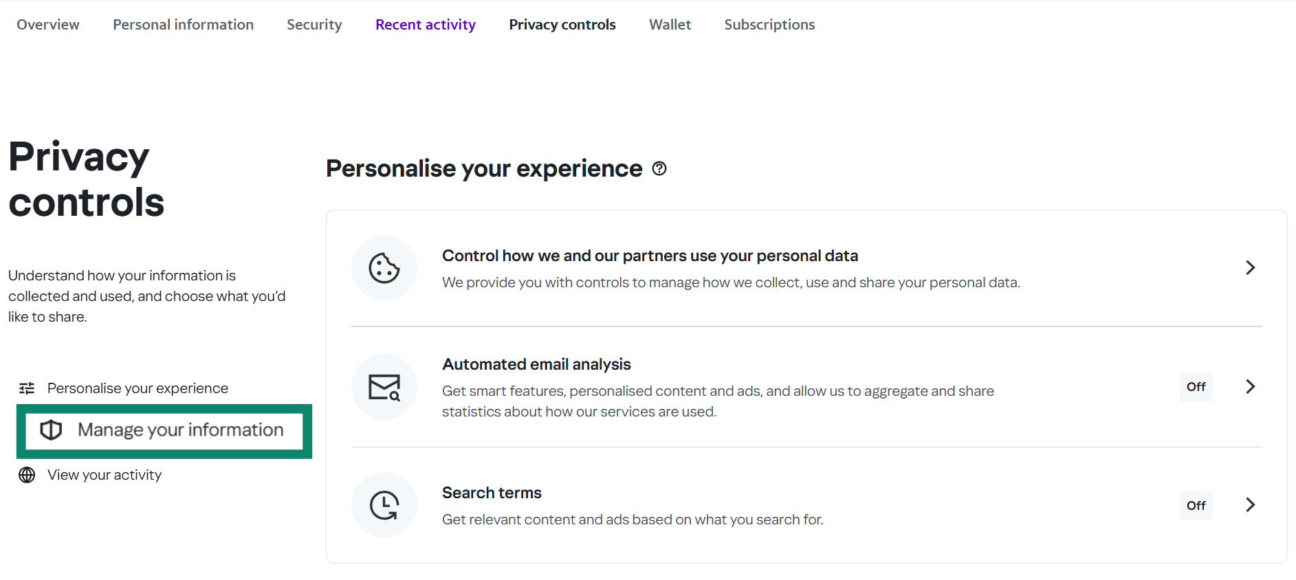 Yahoo Privacy controls menu with the Manage your information option highlighted.