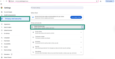 Chrome settings showing 'Delete browsing data'.