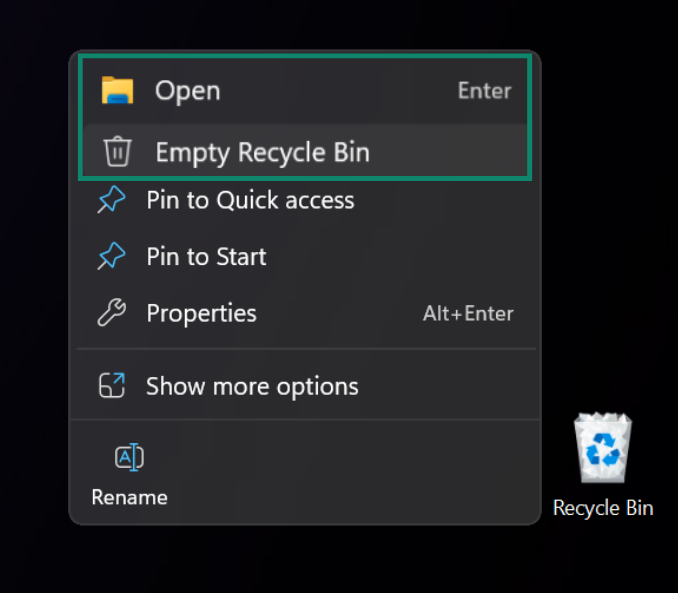 Windows 11 dropdown menu with the options to open the Recycle Bin and empty it highlighted