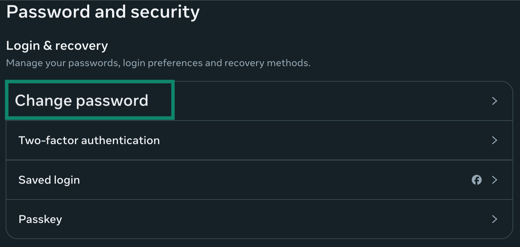 Password and security settings with Change password highlighted.