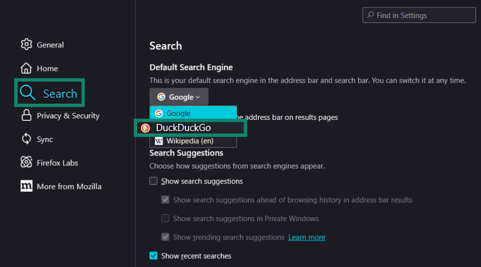 The Firefox settings showing the Search tab with DuckDuckGo selected as the default search engine in the dropdown menu.