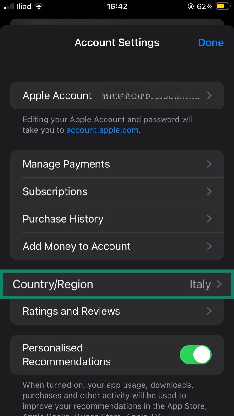 Apple Account settings menu, showing the Country and Region option highlighted.
