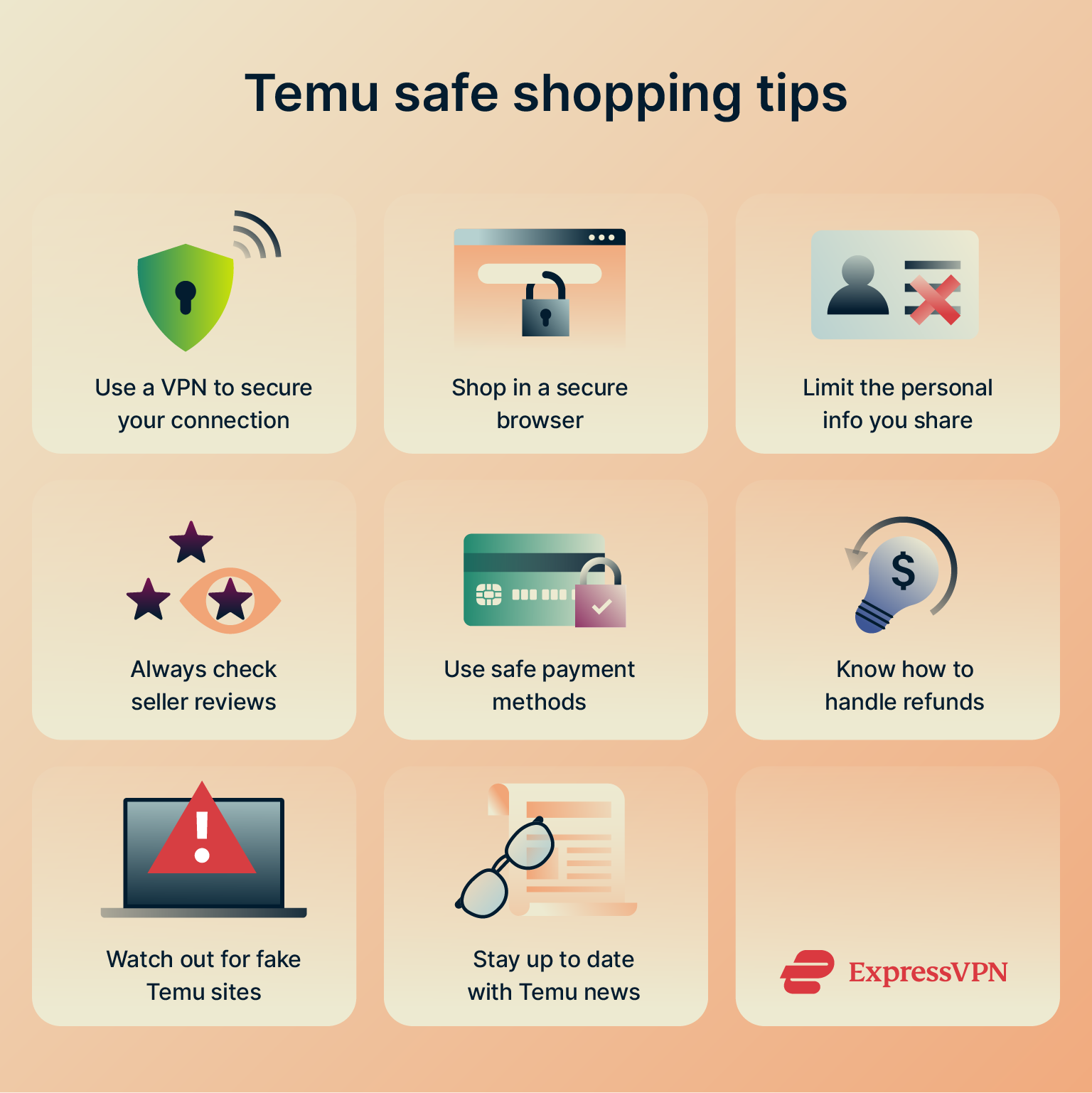 Infographic showing the top tips for safe shopping on Temu.