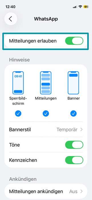 The WhatsApp notifications settings on iPhone, showing the option to disable all notifications.