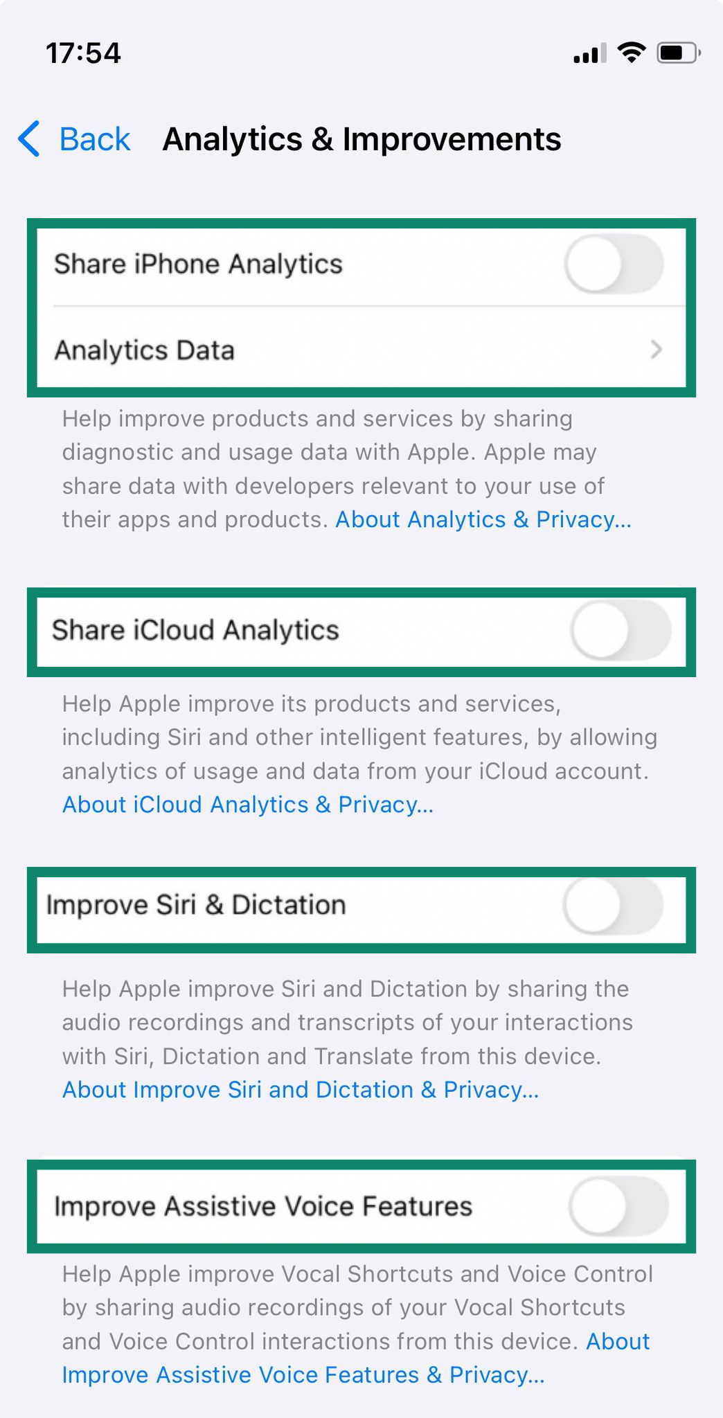 The Analytics & Improvements page of an iPhone, showing various options to disable analytics collection.