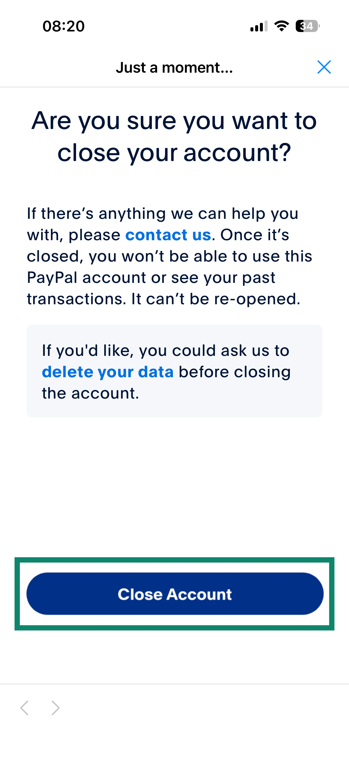 PayPal confirmation screen, with the