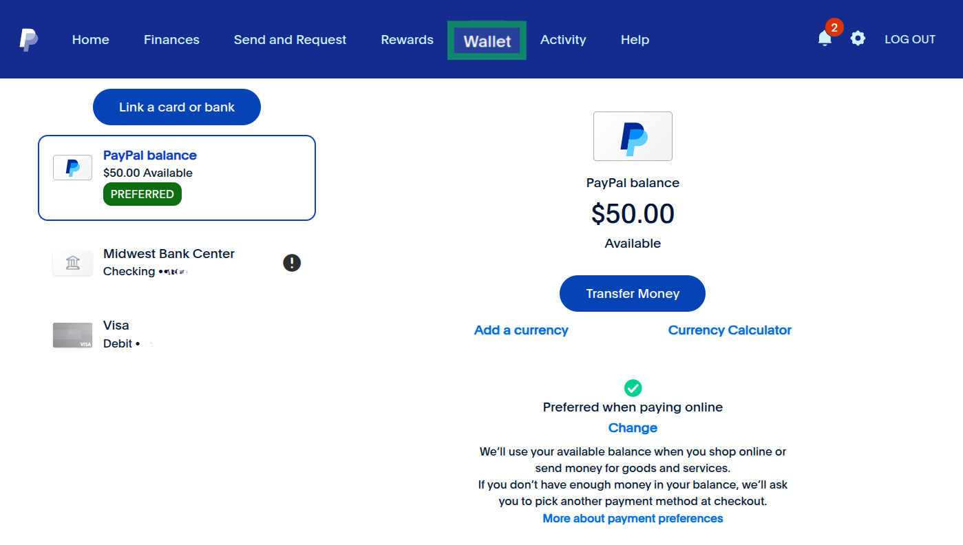 The PayPal web app home screen highlighting the