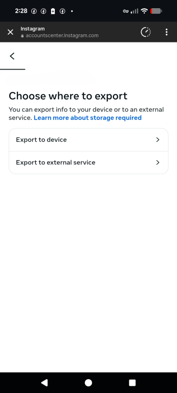 Choosing location to export data to in Instagram.