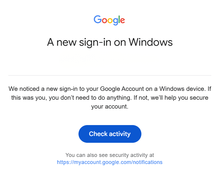 A Google security alert for a new sign-in on a Windows device.