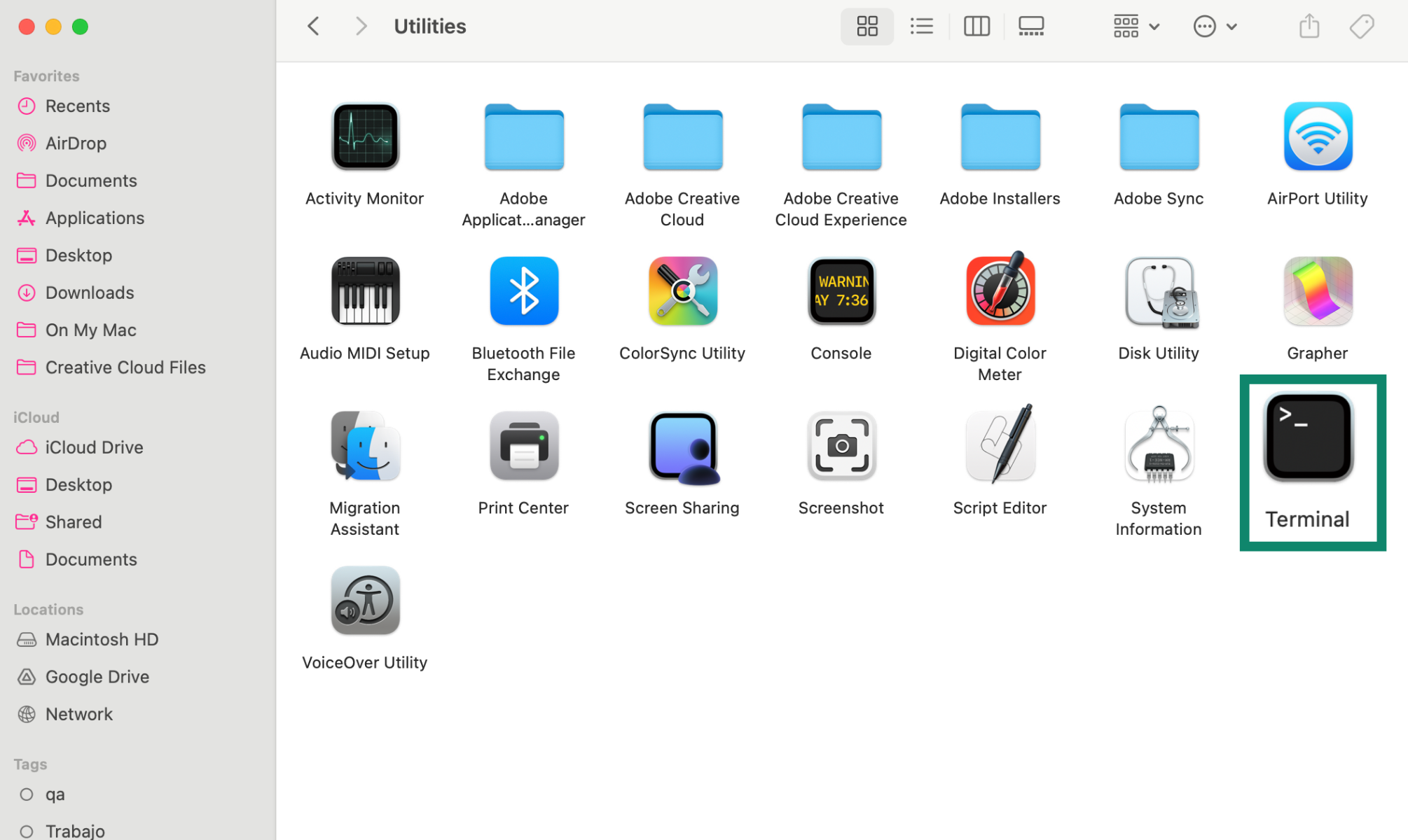 Mac Utilities folder showing Terminal app icon.