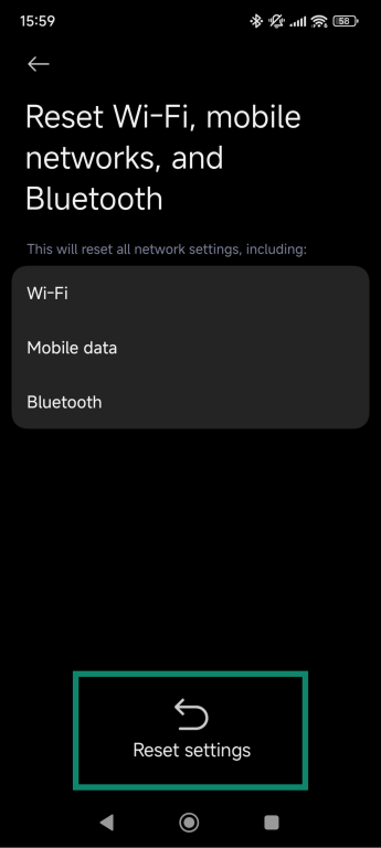 Android's Reset Wi-Fi, mobile networks, and Bluetooth confirmation screen with "Reset settings" button highlighted.