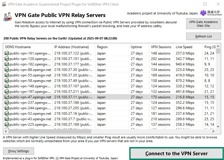 List of VPN Gate servers with the Connect to the VPN Server button highlighted.