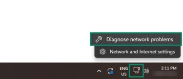 Windows taskbar with the network icon highlighted and the right-click menu for it open with Diagnose network problems highlighted