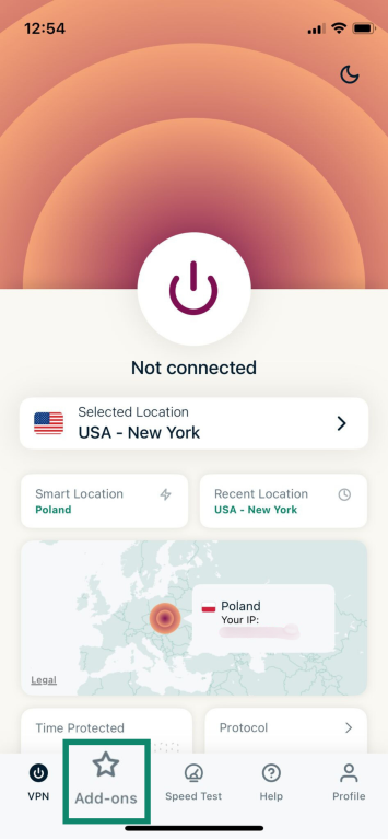 ExpressVPN home page with Add-ons icon highlighted.