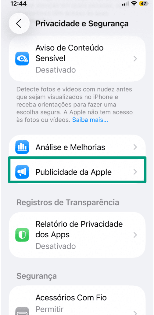 Screenshot of the iPhone Privacy & Security menu with the “Apple Advertising” option highlighted.