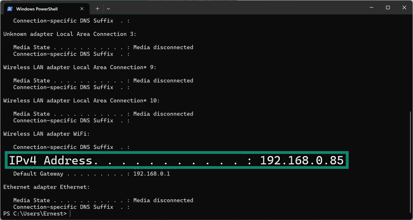 Windows Terminal screen with IPv4 field highlighted.
