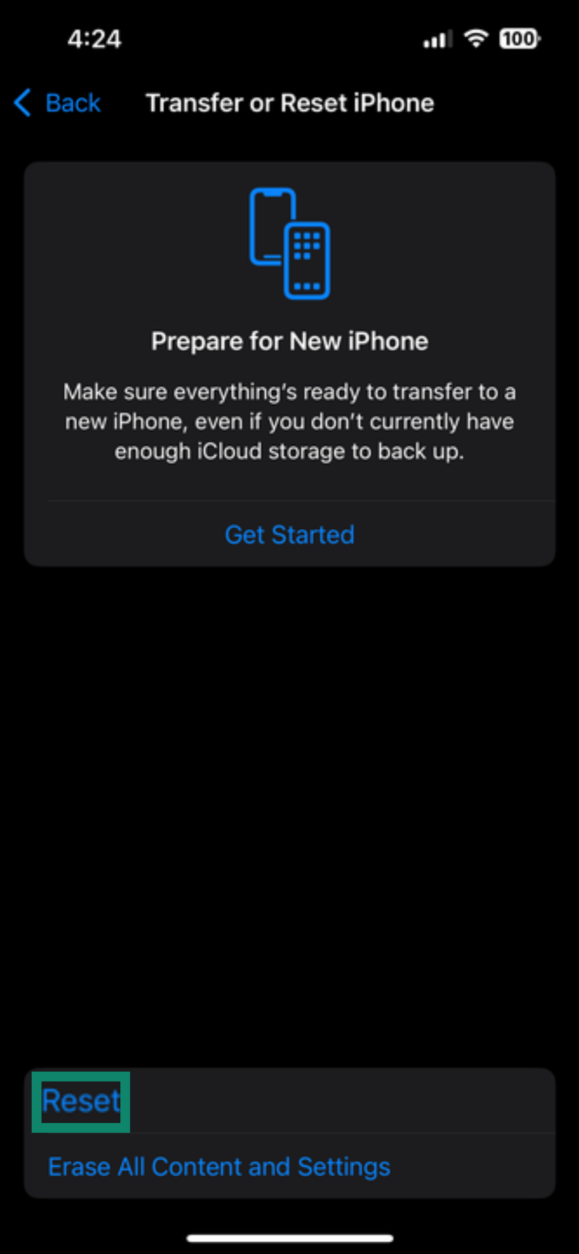 Image showing the Reset iPhone screen with information on getting started