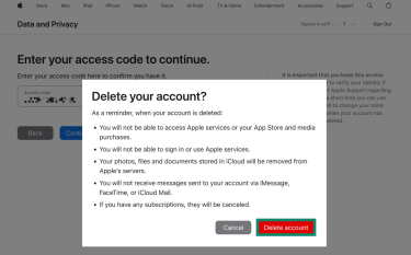 Apple's "Delete your account?" prompt. The "Delete account" button is highlighted.